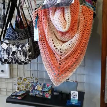 Crocheted hooded scarf by Lynnette Velez